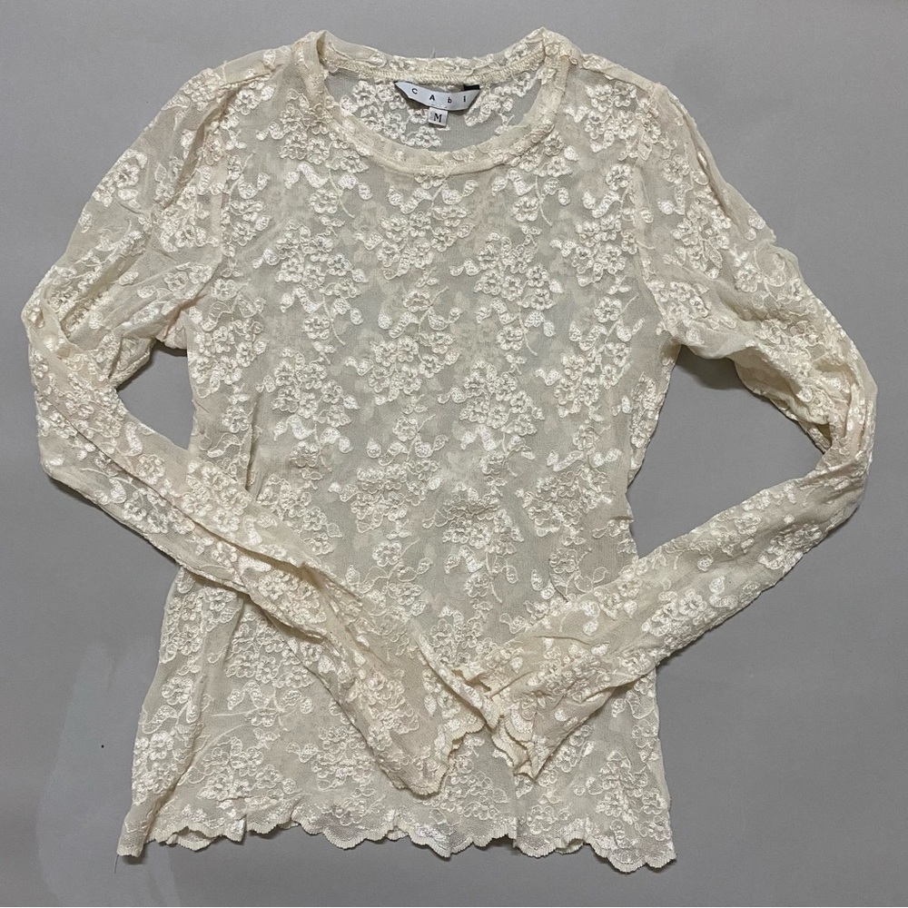 CABI Sheer white lace fitted top